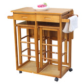 HAOYYE Square Solid Wood Folding Dining Cart with 2 Free Stools, Expandable Drop Leaf Tabletop, 2 Storage Drawers, Rolling Kitchen Island with Push Handle, Space-Saving Mobile Dining Solution for Home